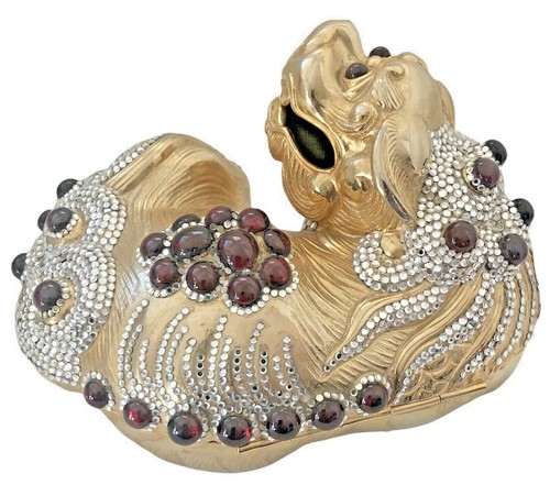 Judith Leiber Chinese FooDog Gem Gold Red Minaudiere Evening Bag Dragon Vintage - Imagen 5 de 11