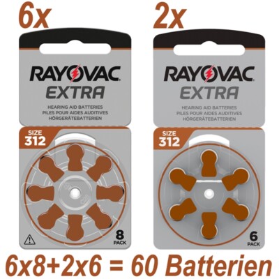60x (6x8+2x6) Hörgeräte-Batterien Typ 312 Rayovac Extra (vormals Extra Advanced)