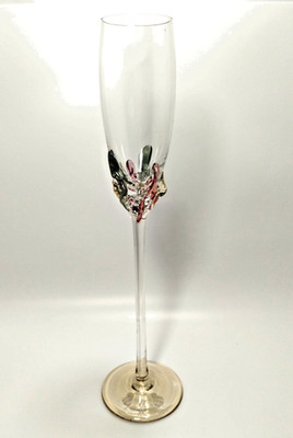 ION TAMAIAN~BLOWN ART GLASS ~12.5'' CHAMPAGNE FLUTE~PINK GREEN CLUSTER~AMBER BASE
