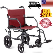 Foldable Transport Wheelchair Lightweight Steel 12" Rear Wheels  19" Seat 300lb