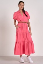 NWT S Elan Pink Button-Front Tiered Maxi Dres...
