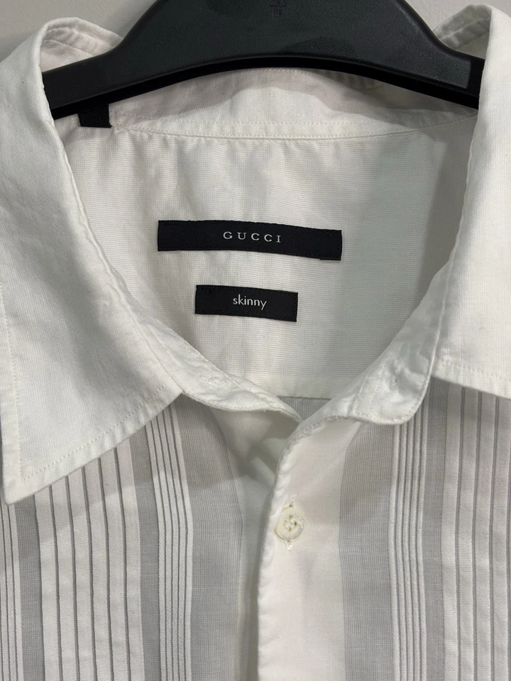 Gucci Men White Pleated Dress Shirt Skinny 100% Cotton Made In Italy Size 46-18 - Image 3 of 4