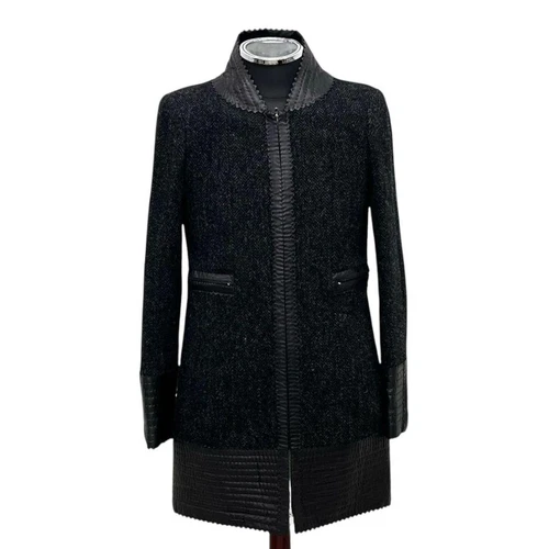 CHANEL Giacca Cappotto Nero Lana Pelle di Agnello Tweed Donna Moda