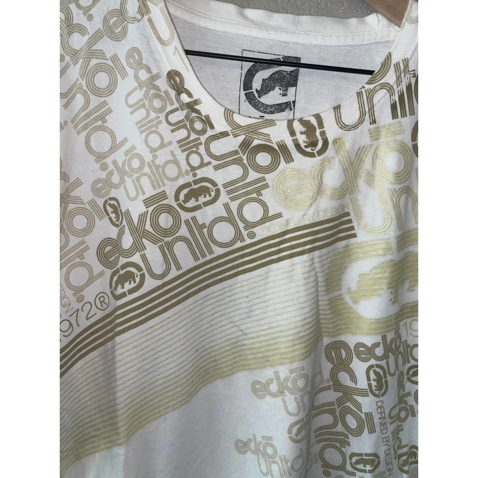 Camiseta Ecko Unlimited Diseño Camisa Oro Blanco Y2K Gráfico Rayas Años 2000 2XL XXL Foto 3 de 4