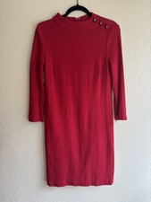 Talbots Red Cotton Knit Sheath Dress S Gold Buttons 3/4 Sleeve Career Preppy 
