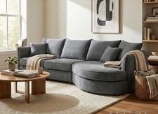 ***Rubin Charcoal Grey 4 Seater Curve Island Round Chaise Corner Boucle Sofa***
