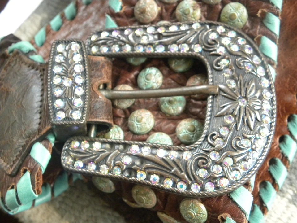 CINTURÓN DE CUERO KURTMEN LEO MARRÓN Y TURQUESA CINTURÓN DE CUERO XS 4" ANCHO! Foto 2 de 4