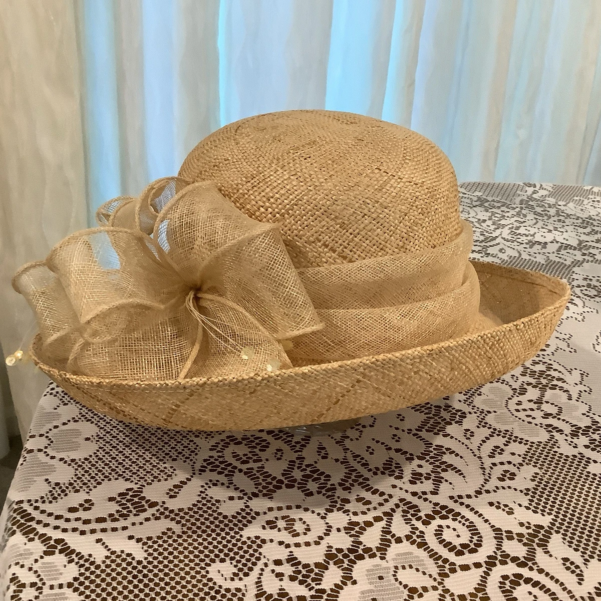 Betmar Wide Brim Straw Dress Hat Cream Veil Flowers Vintage Style Floral Box EUC Betmar Straw One Size Hats for Women for sale | eBay main image 3