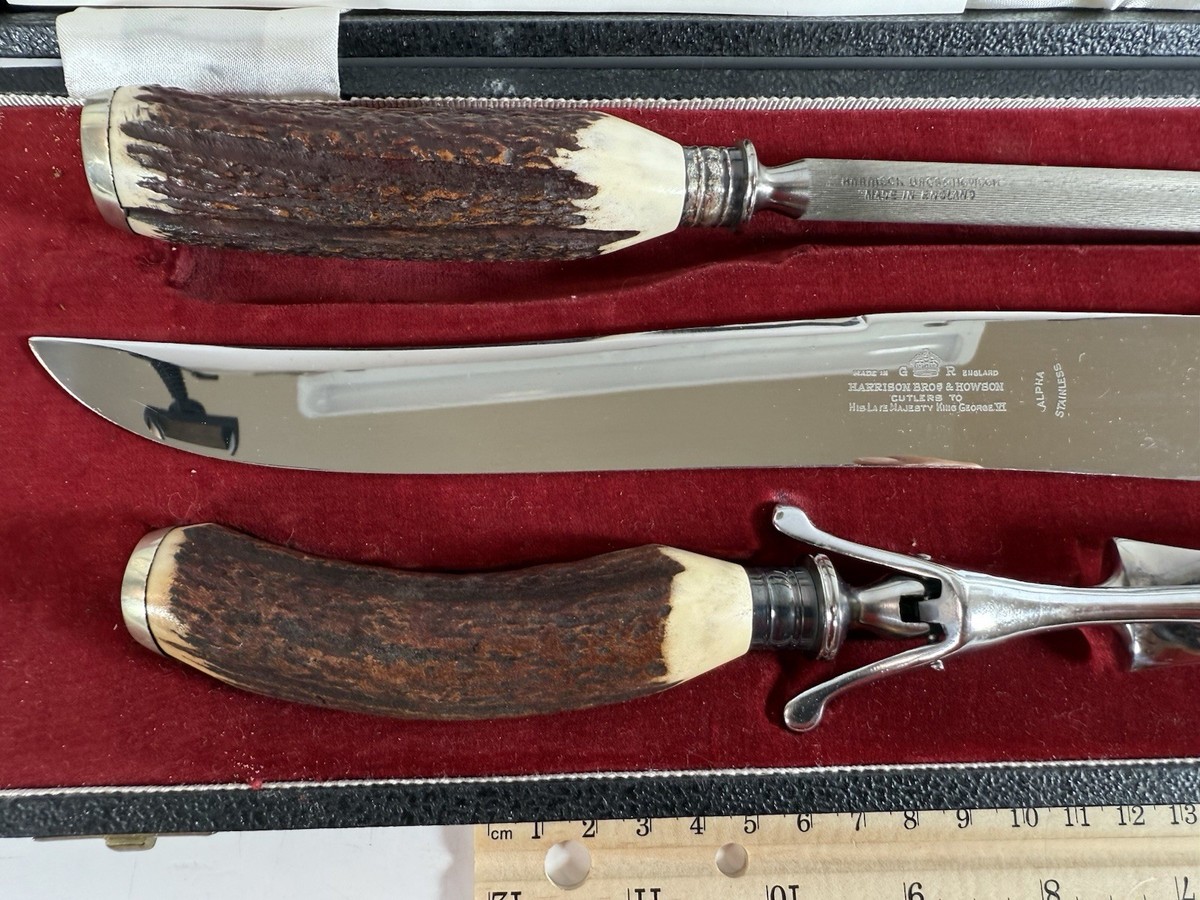 Vintage Harrison Bros & Howson Sheffield Carving Set Stag Horn