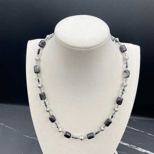 Vintage Black Gray Classic Cord Clear Faceted Glass Beaded Statement Necklace