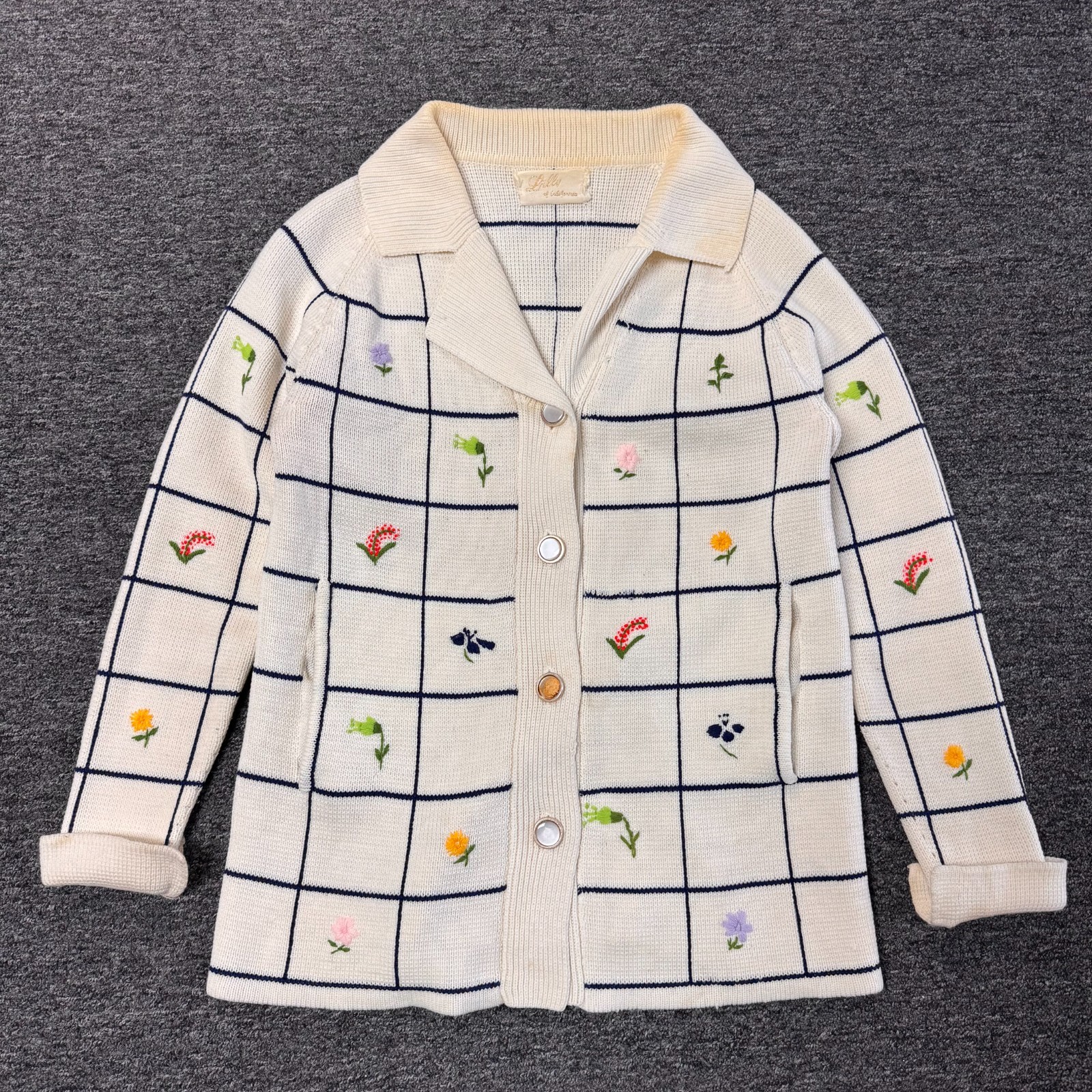 Vintage 80s Lilly of California Knit Cardigan Floral Garden Sweater Top M White