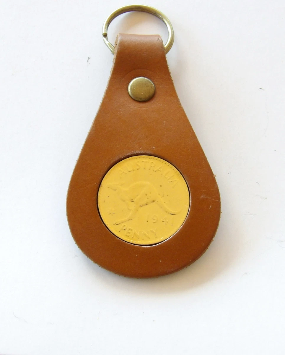 Vintage 1941 Australian Penny Coin Currency Souvenir Leather Key Chain Keyring