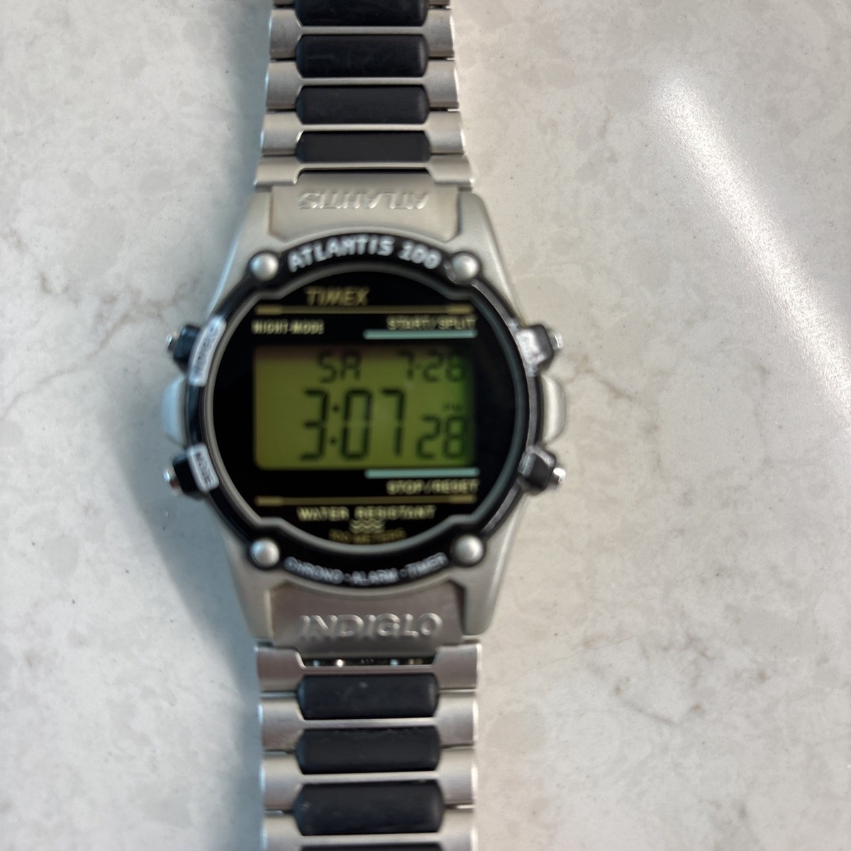 Vintage Timex Atlantis 100 Watch Men Silver Tone Black Indiglo New