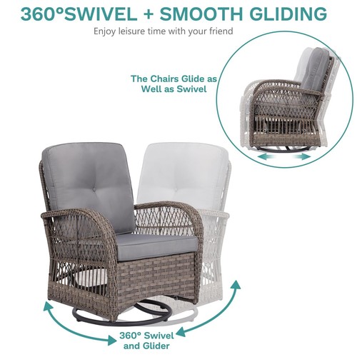 MEETWARM 3-Piece Outdoor Swivel Rocker Patio Set – Rattan Wicker Chairs With Cushions + Glass Coffee Table