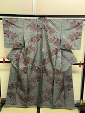 Japanese Vintage Kimono Pure Silk Grey Expensive Tsumugi Dirt Height 61.81in