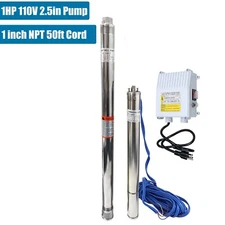 1HP 2.5" Deep Well Submersible Pump, 110V, 13 GPM, 311FT Max, 26 Stage 50FT Cord