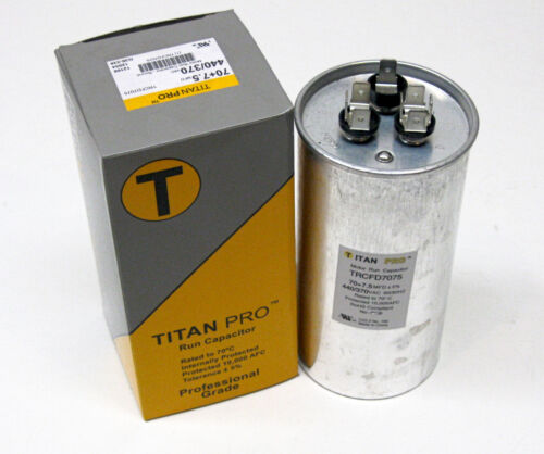 Condensador redondo de funcionamiento de doble motor TitanPro TRCFD7075 HVAC. 70/7,5 MFD/UF440/370 - Imagen 1 de 6