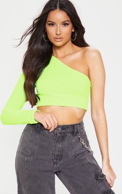 neon yellow one shoulder crop top
