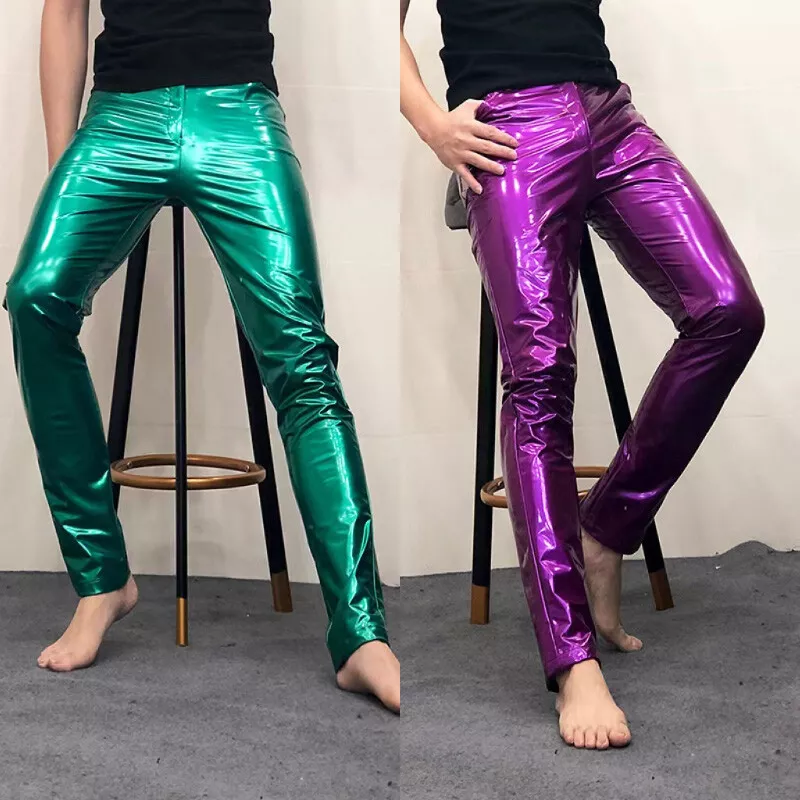 Men Faux Leather Pants Metallic Wet Look Slim Fitted Trouser Party