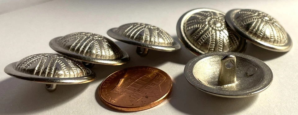 6 Domed Etched Silver Tone Metal Shank Buttons 7/8" 22.5mm 12805 - Image 2 of 3