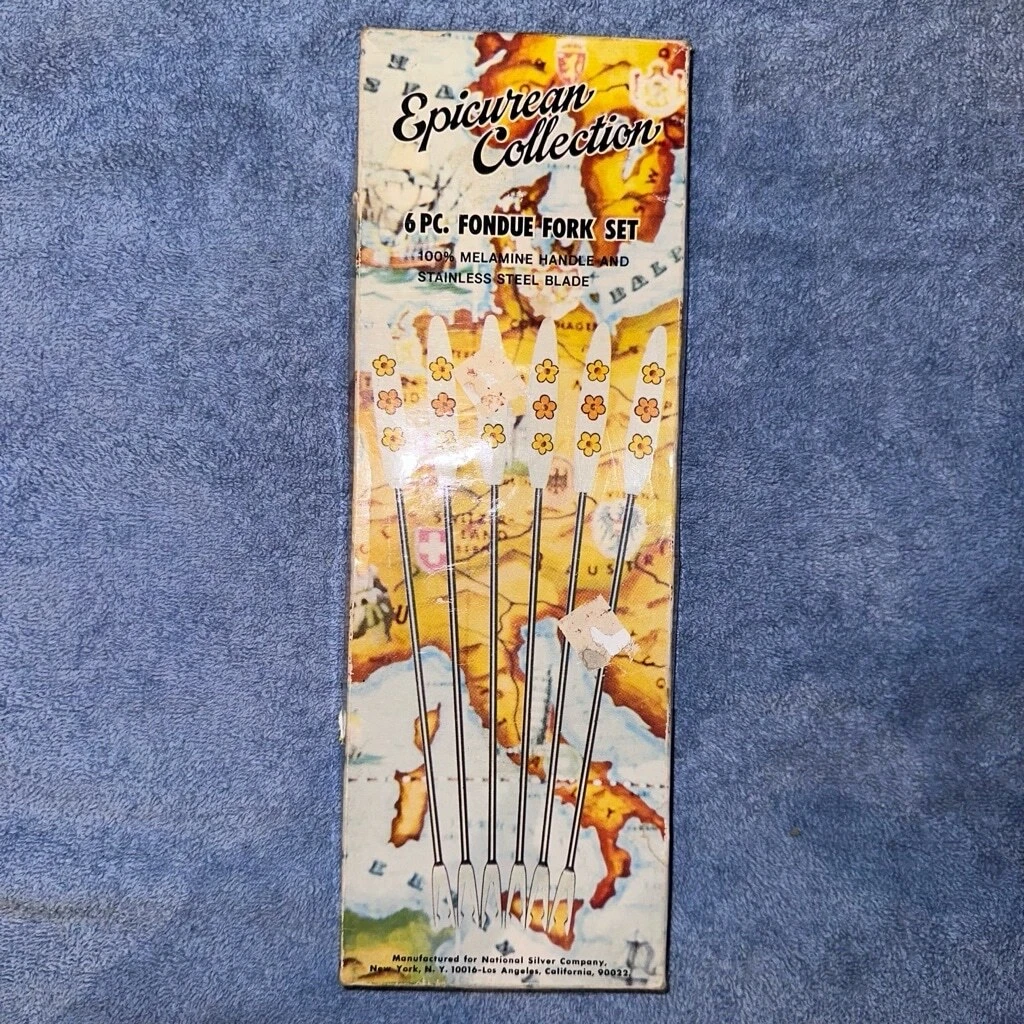 NOS Vintage Epicurean Collection 6 Pc Fondue Fork Set Malamine Handles