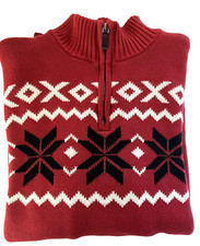 CHAPS Men LS Red Quarter Zip Fair Isle Winter Cable Knit Mock Neck Sweater SZ XL