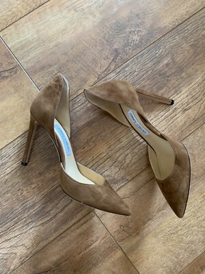 Jimmy choo beige suede heeled court shoes size 38 with dust bag
