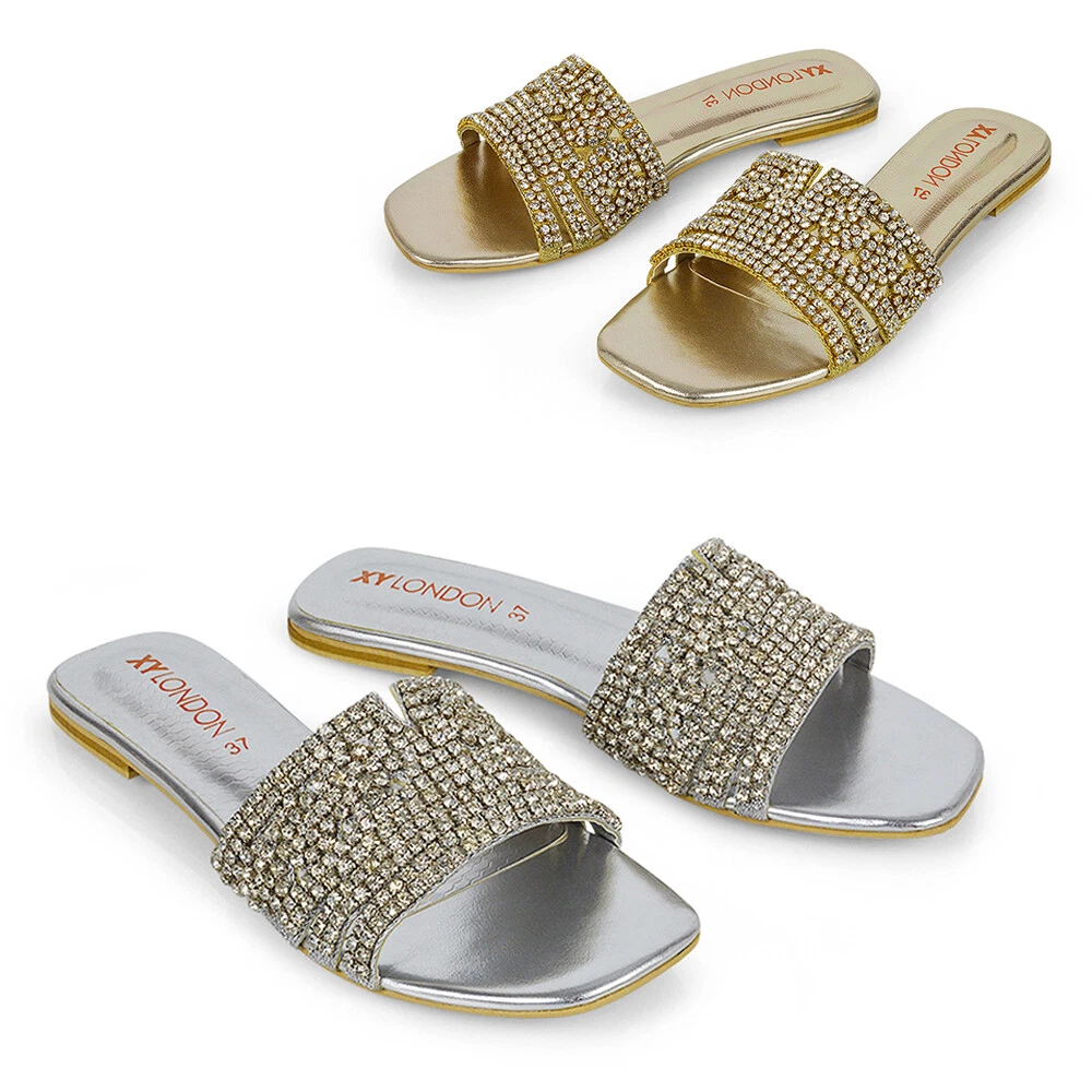 Womens Slip On Mule Ladies Flat Sparkly Diamante Holiday Flip Flop Sandals Size