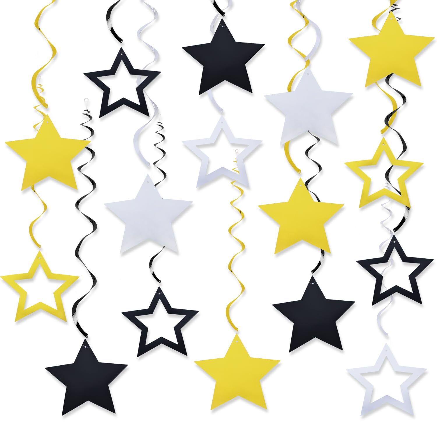 36Pcs Gold Black Silver Star Hanging Swirl Decorations Gold Stars Streamers F...