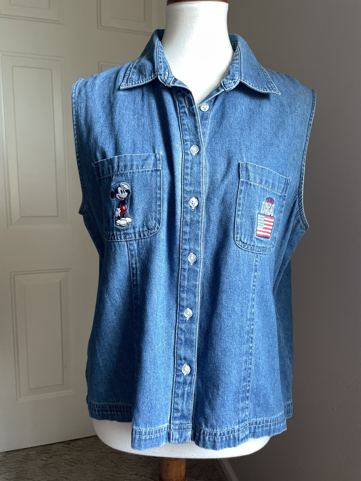 Vintage Disney Mickey Mouse Denim Vest Womens L USA F… Gem