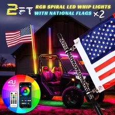 Pair 2FT RGB Spiral LED Whip Lights Antenna Chase APP & Remote for SXS ATV UTV