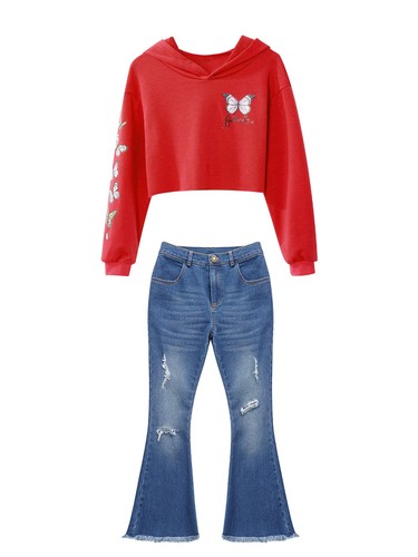 Kids Girls Sweatsuits Bell-bottom Tops With Flared Jeans Hip Hop Tracksuits - Picture 23 of 59