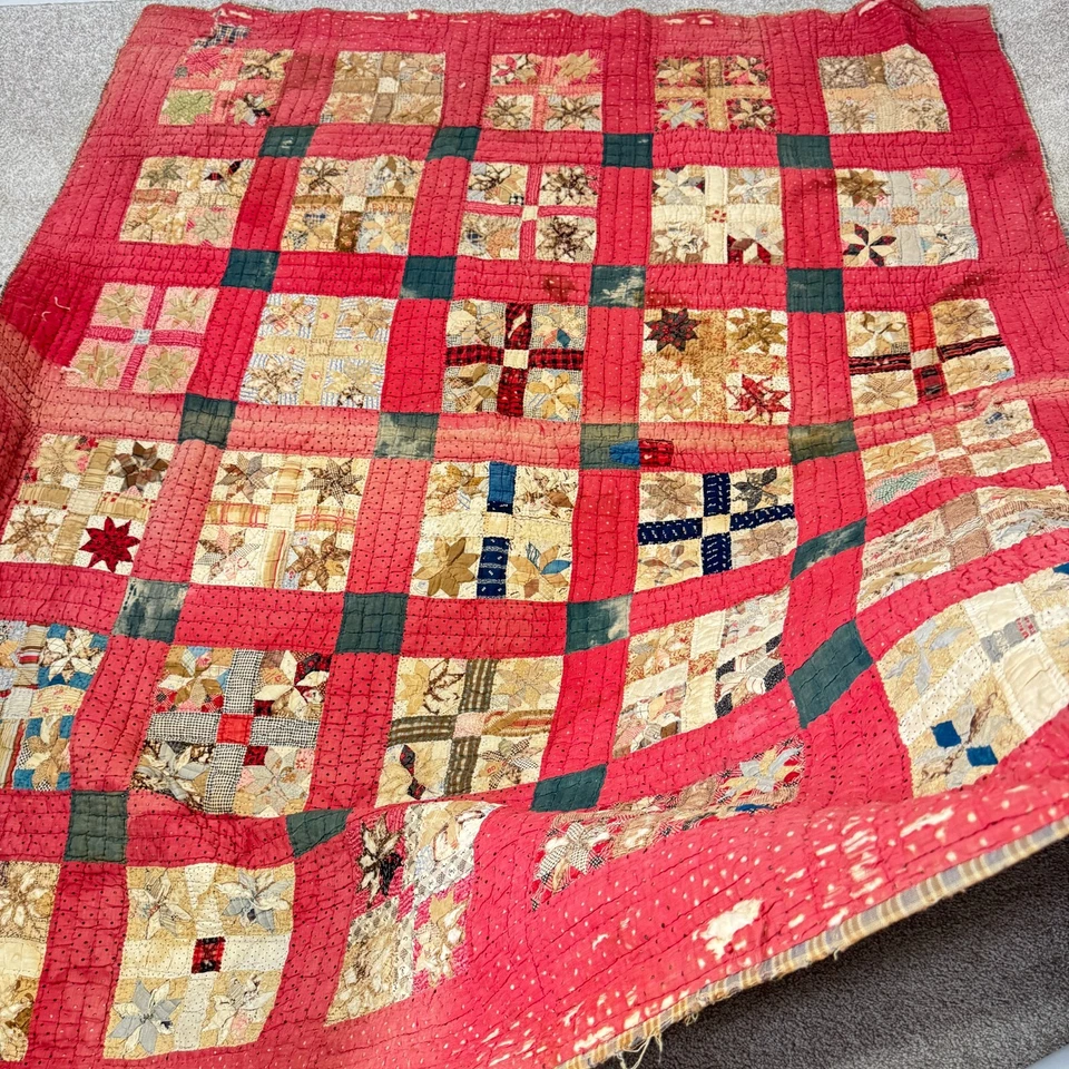 vintage handmade quilt twin patchwork feed sack cotton 8 point stars primitive - Image 2 of 4