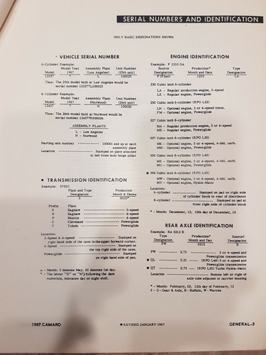 1967 CAMARO**FACTORY LITERATURE** : Model I.D and Specifications, September 1966 - Picture 4 of 12