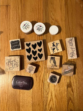 Assorted Rubber Stamps, Ink, Powder, and Embossing Heat Tool