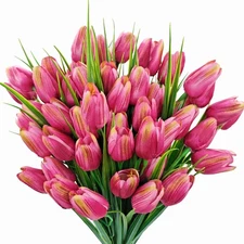 Artificial Tulips Fake Flowers Outdoor UV Resistant 4 Bundles 40 Heads Silk T...