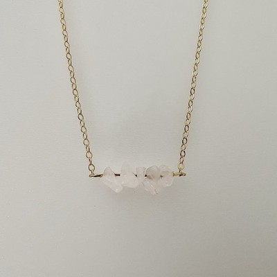 Pink Stone Chip Cluster Beaded Bar Pendant Necklace Gold Cable Chain Jewelry