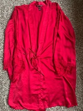 Victoria's Secret Red Satin Lace Trim Tie Women's Robe M/L Long Sleeve