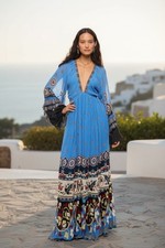 Farm Rio Anika Tiles Cerulean Blue Maxi Dress Long Sleeve V-Neck Size XS (Flaws)