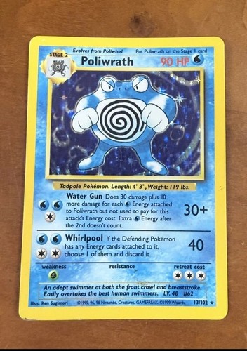 Poliwrath holo rare Pokémon card 13/102 with blue spiral-patterned Poliwrath artwork, 90 HP, and attack details.
