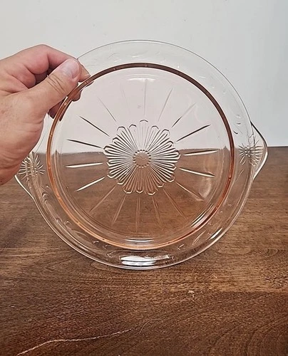 BEAUTIFUL PINK DEPRESSION FLORAL TAB HANDLE CAKE PLATE