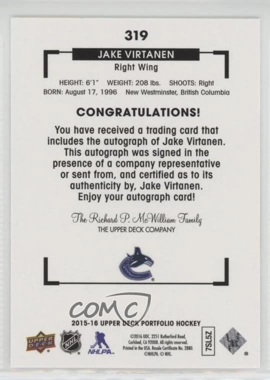 2015-16 Upper Deck Portfolio Color Art Jake Virtanen #319 Rookie Auto RC - Image 2 of 2