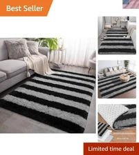 Fluffy Soft Black & Grey Striped Shag Rug – Perfect for Kids and Living Rooms