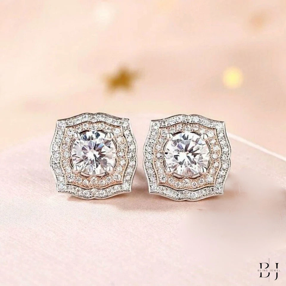 3 CT Round Cut Moissanite Stud Double Halo Earring Solid 14K White Gold For Her - Image 3 of 4