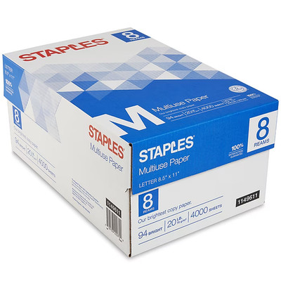 Staples Multipurpose Copy Printer Paper 20 lb, 8.5''x11'', 94 Bright 4000 Sheets
