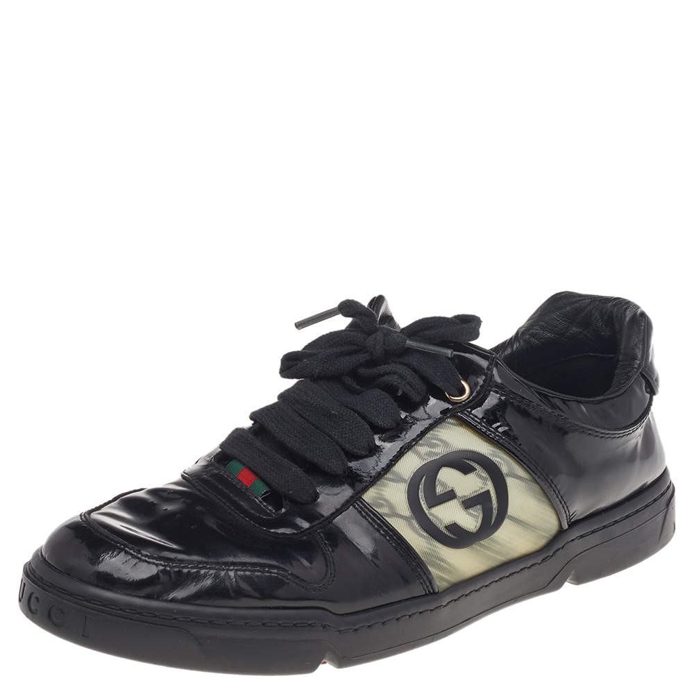 Gucci Black Patent Leather Interlocking G Hologram Logo Low Top