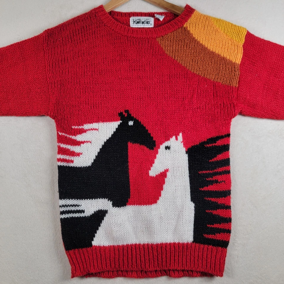 Suéter de malha vintage Knit Works cavalo vermelho preto branco amarelo pequeno - Imagem 2 de 4
