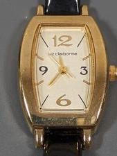Liz Claiborne Gold Tone Rectangle Case Stainless Black Leather Band Watch 7 Inch