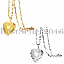 Women Girl Retro Heart Photo Frame Locket Pendant Stainless Steel Necklace 18"