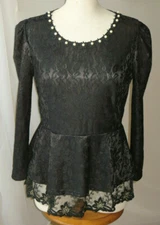 BLOUSE BLACK FLORAL LACE LONG SLEEVE BEADED SCOOP NECK PULLOVER TOP MEDIUM